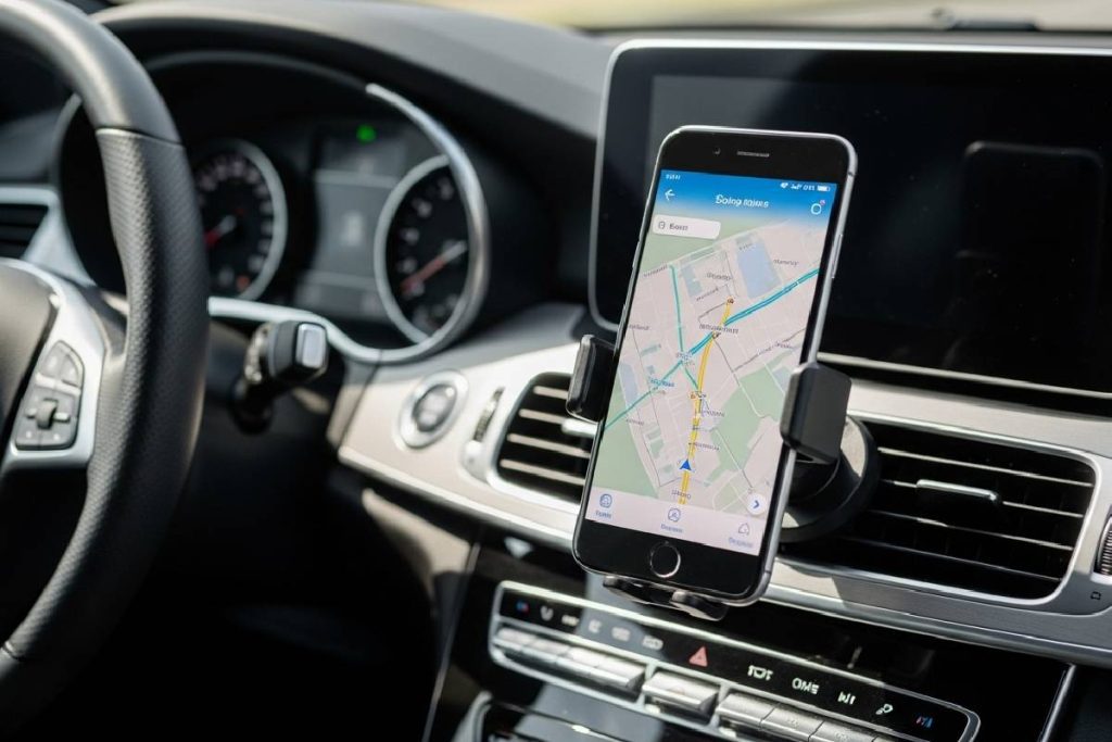 Smartphone mounted on a magnetic air vent phone holder inside a car.