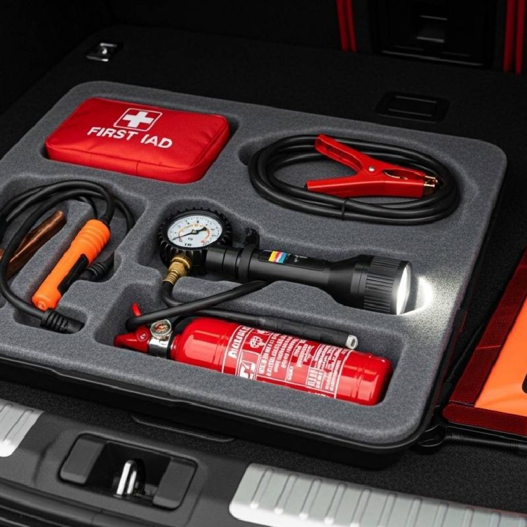 Car safety kit with first aid, tools, and fire extinguisher