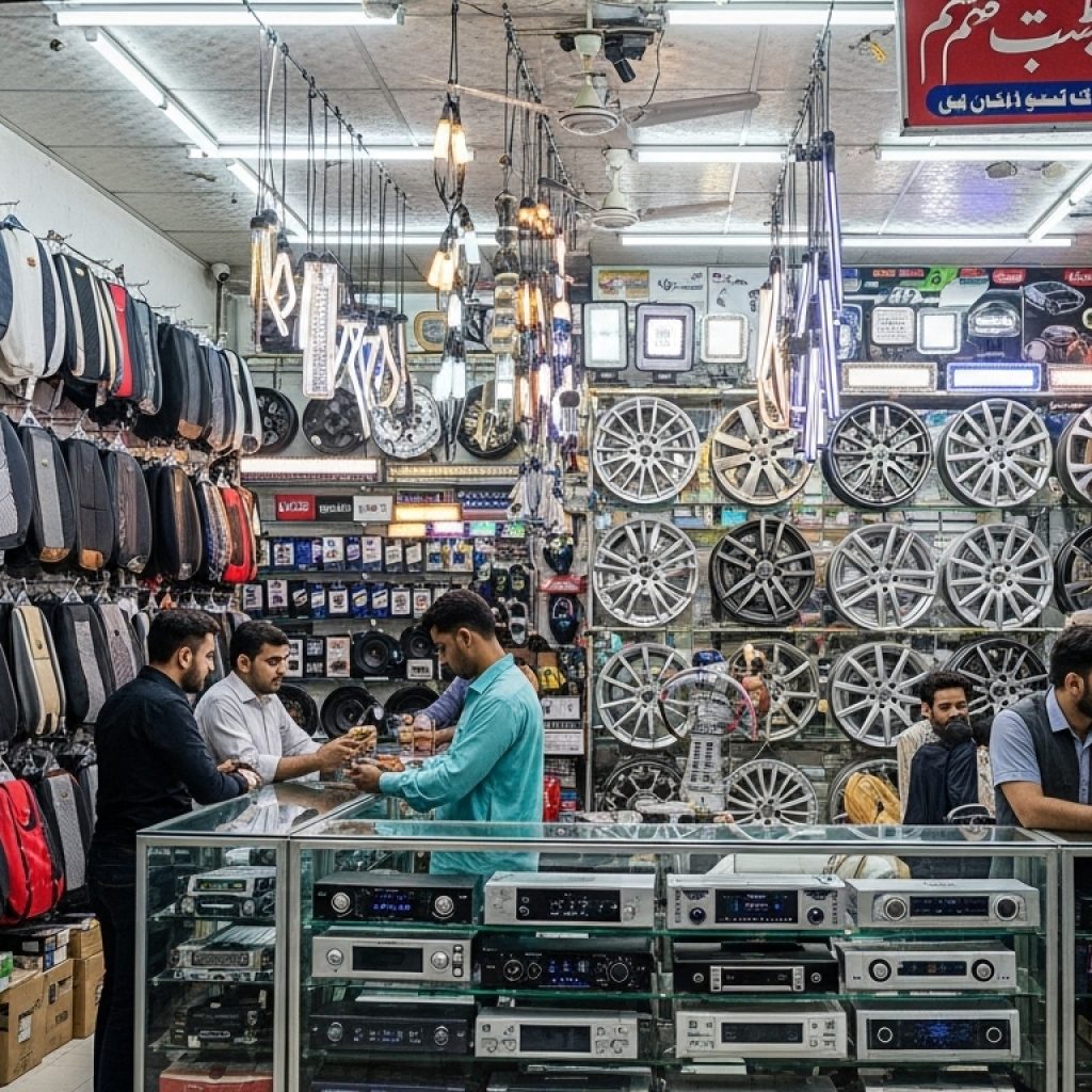 Car accessory market in Pakistan with seat covers, alloy wheels, LED lights, and sound systems.