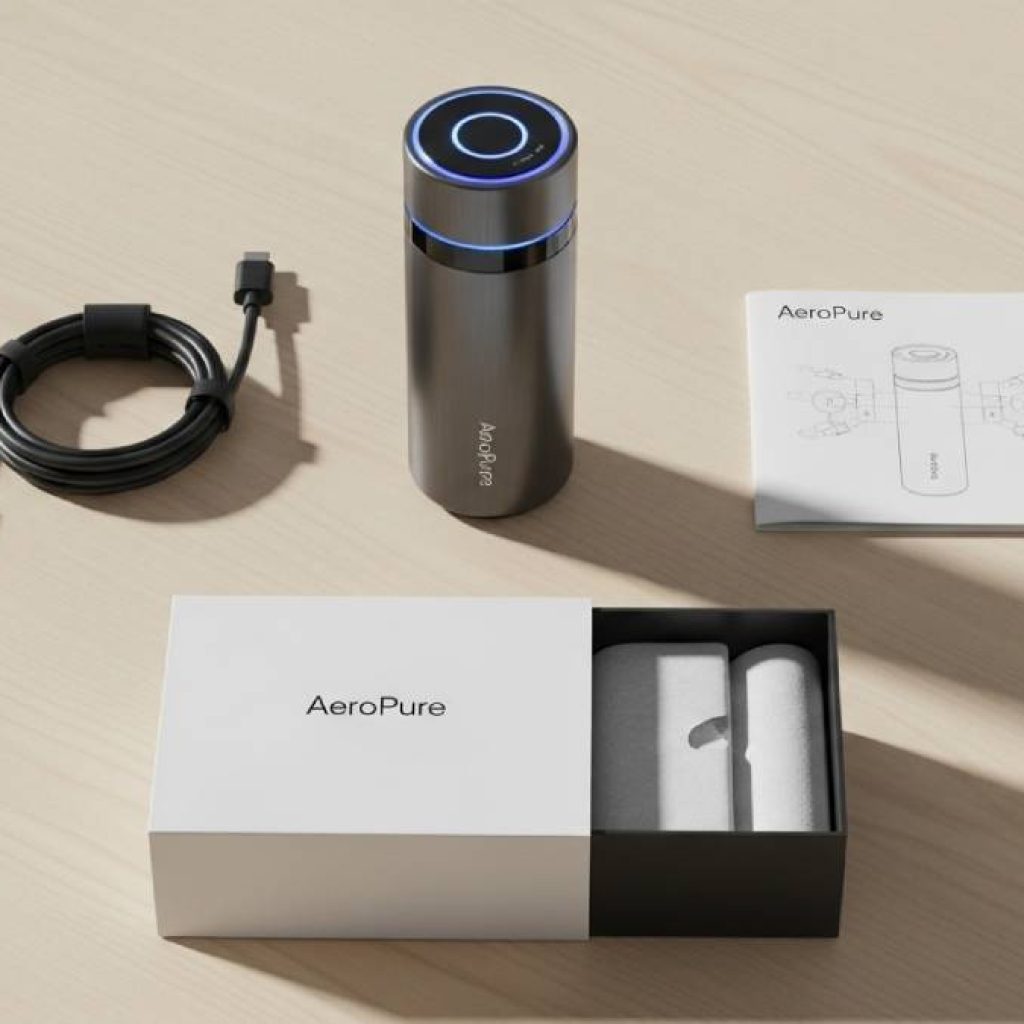 Flat lay style design of car air purifier, USB cable, manual, and packaging box on a clean table,