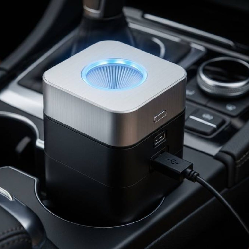 Close-up of a compact HEPA car air purifier in a car cup holder, glowing filter light, realistic 4K