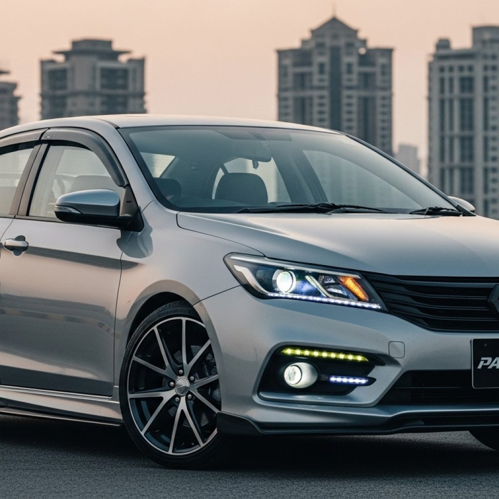 Car customization in Pakistan with alloy wheels, LED headlights, and sports spoiler.

