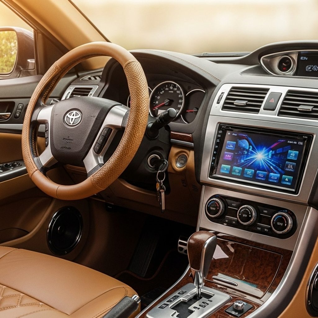  Interior car customization in Pakistan with leather seat covers, steering cover, and sound system.
