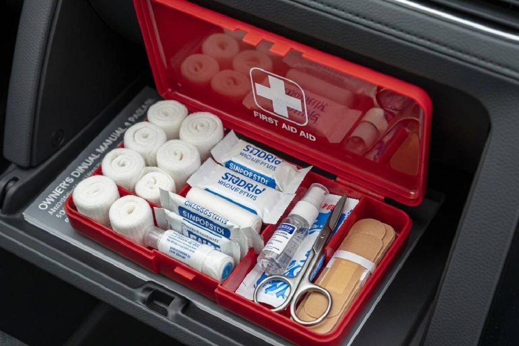 Car first aid kit with bandages, antiseptic wipes, and pain relievers