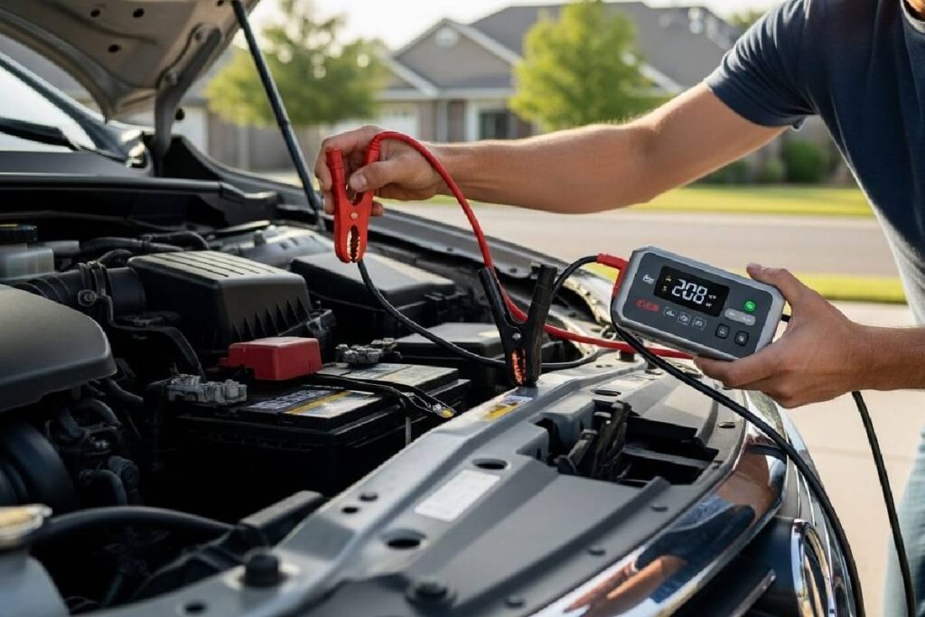 Driver using portable jump starter power bank to start car battery
