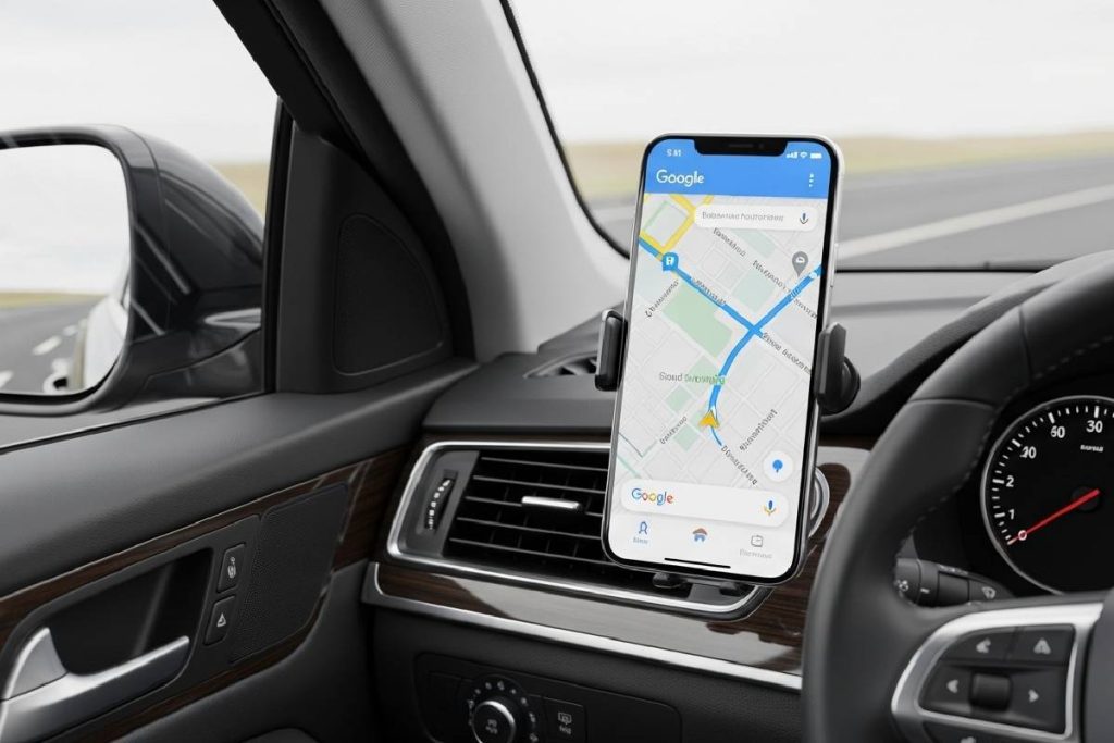 Smartphone safely placed in a magnetic car phone holder on the dashboard for