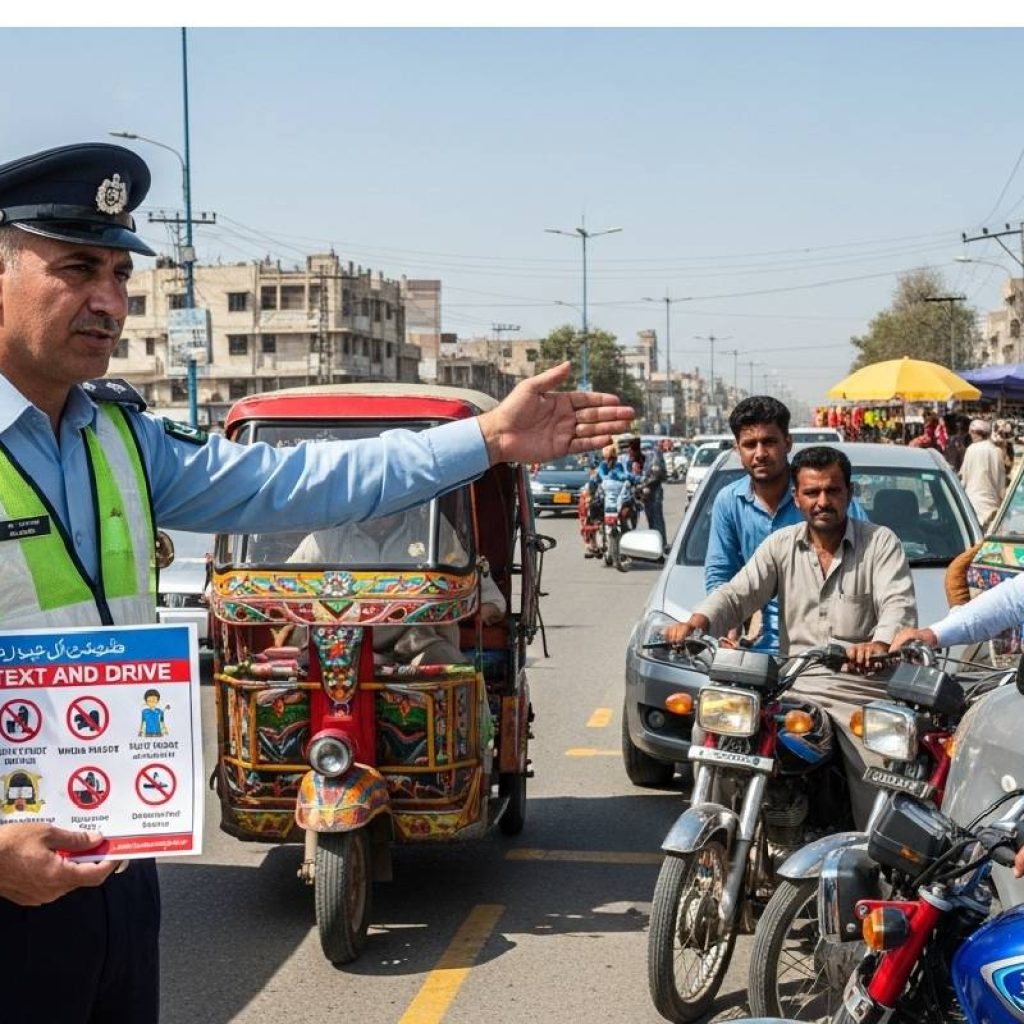 Traffic police officer educating drivers about car safety in Pakistan