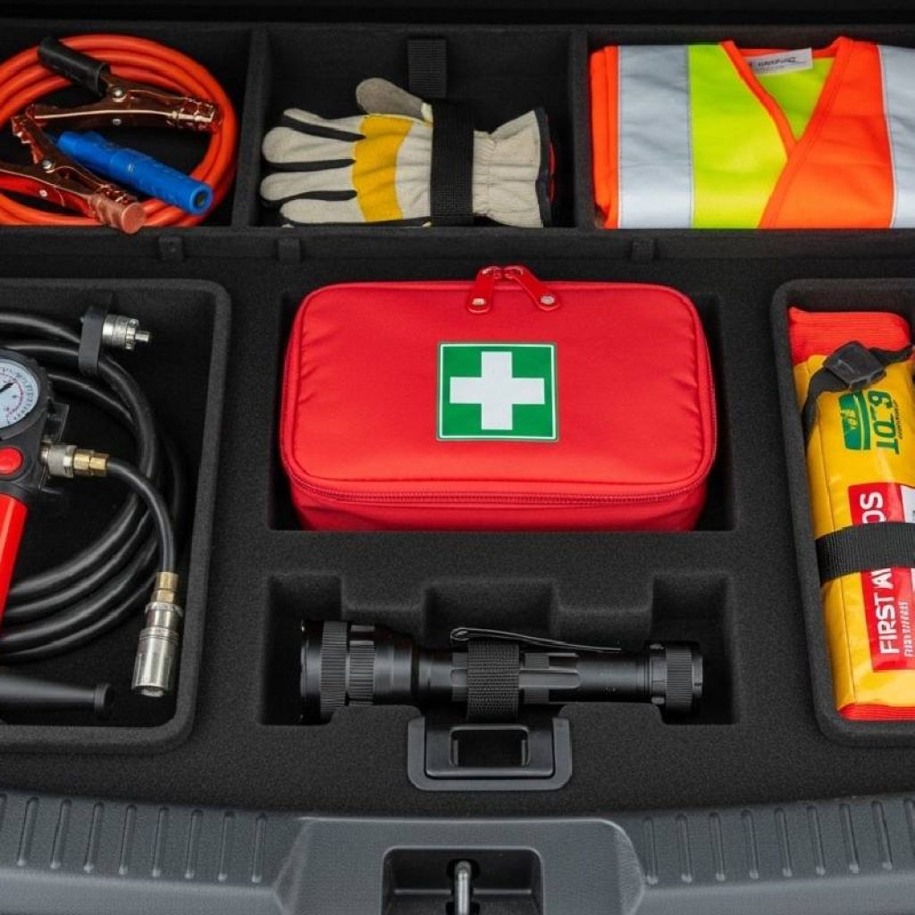 Car safety kit with first aid, tools, 