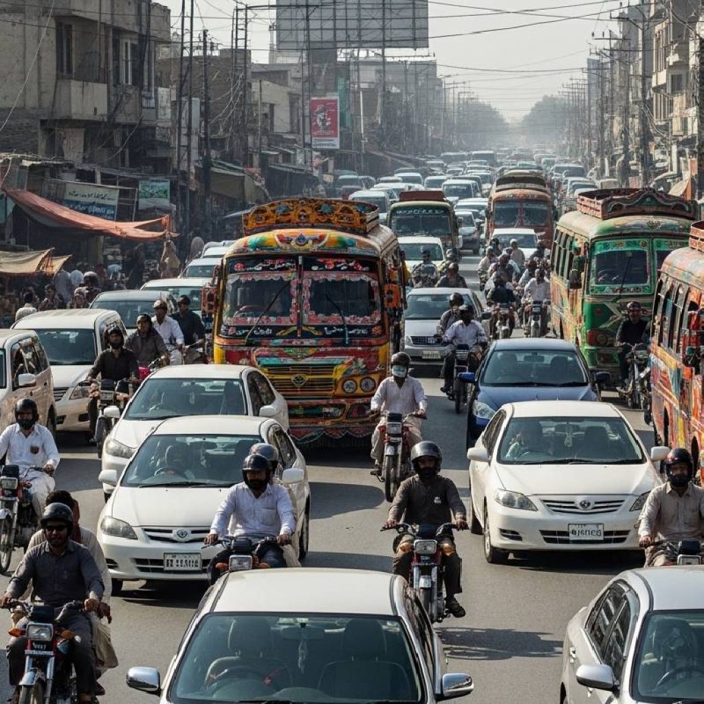 Busy traffic in Pakistan showing the importance of car safety
