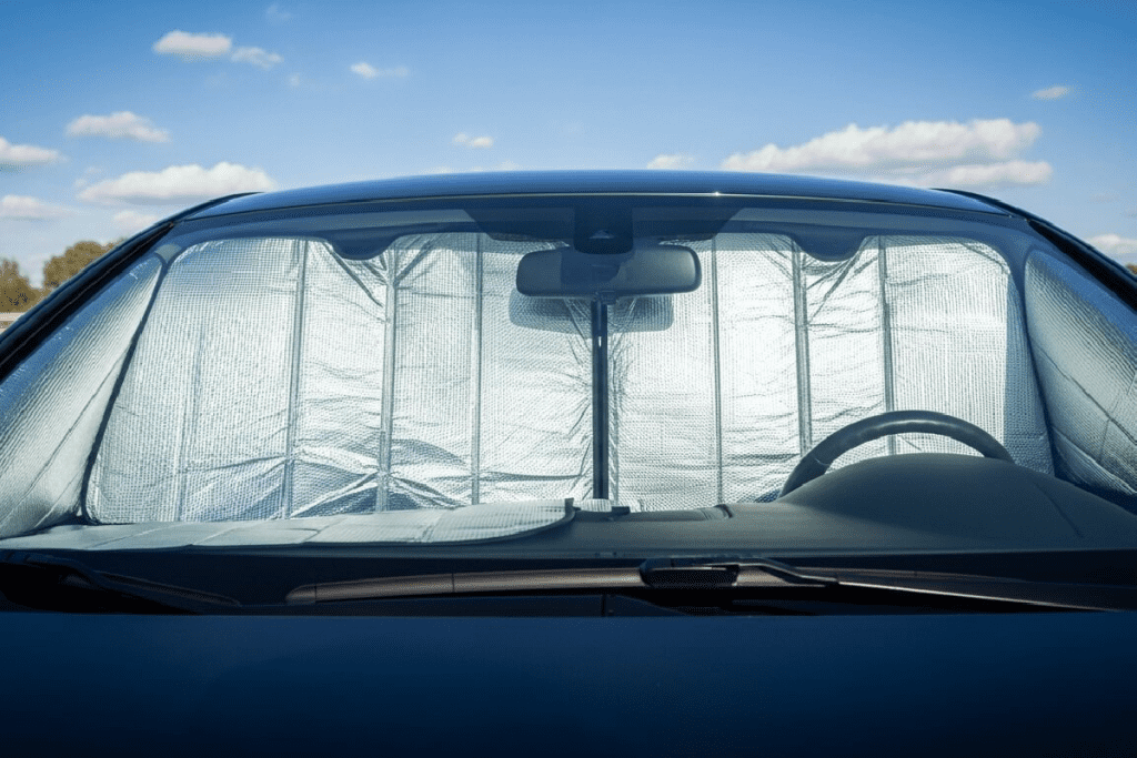 Foldable car sun shade protecting dashboard and seats from UV rays