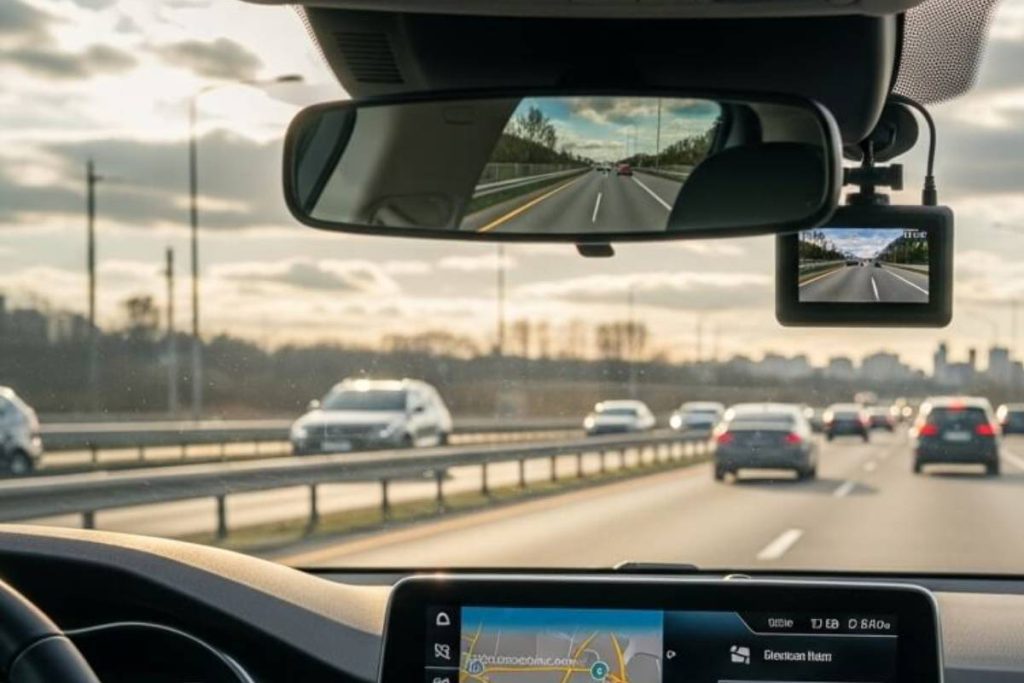 Dash camera installed on car windshield in Pakistan for safety and accident recording.