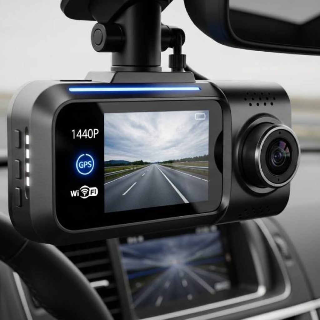 Close-up shot of a dash cam mounted on a car windshield showing screen display with resolution, GPS, Wi-Fi icons, futuristic design, high quality
