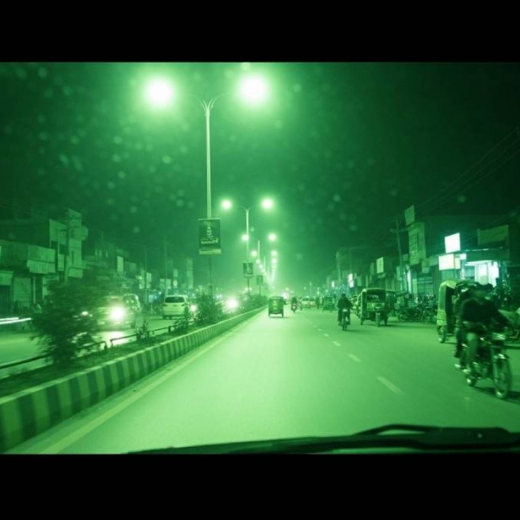 Dash cam footage at night on a Pakistani road showing cars, headlights, and clear road view with night vision effect, high resolution
