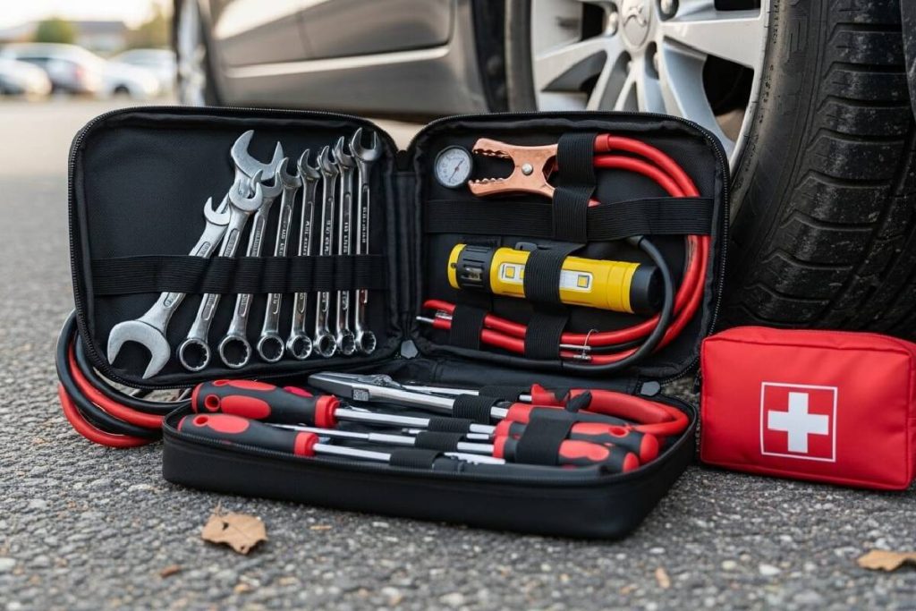 Emergency tool kit for cars including spanners, screwdrivers, and first aid items