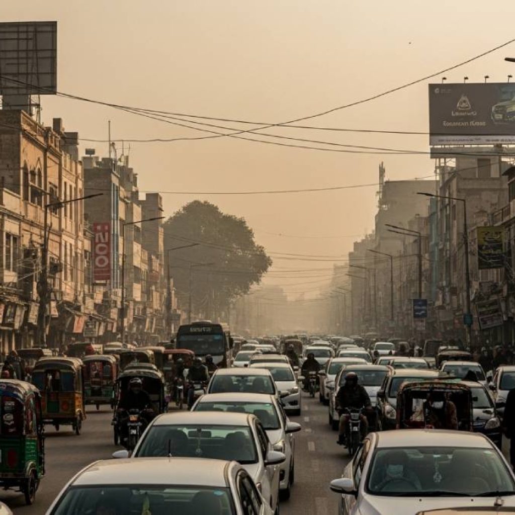 Busy street of Lahore, Pakistan in 2025 with heavy traffic and visible smog, cars on the road,