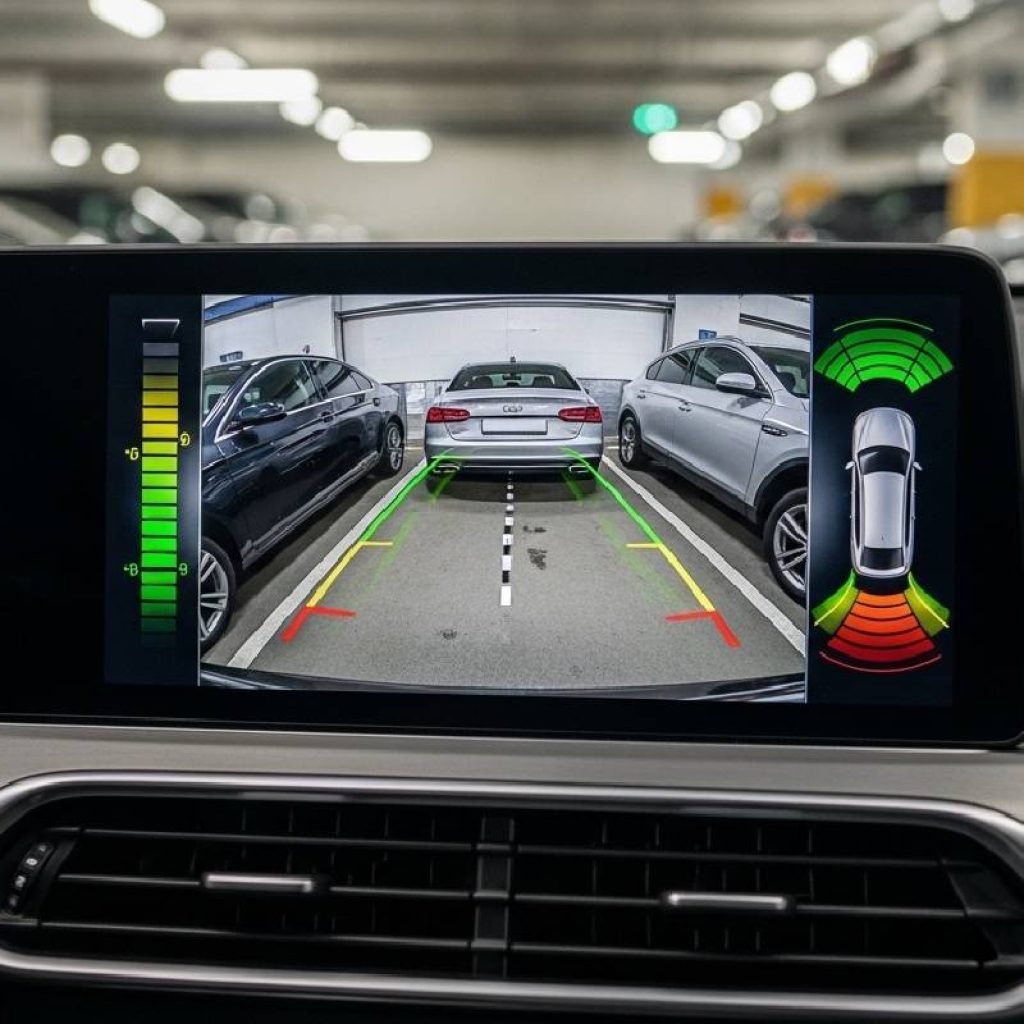Car using parking sensors and reverse camera while parking