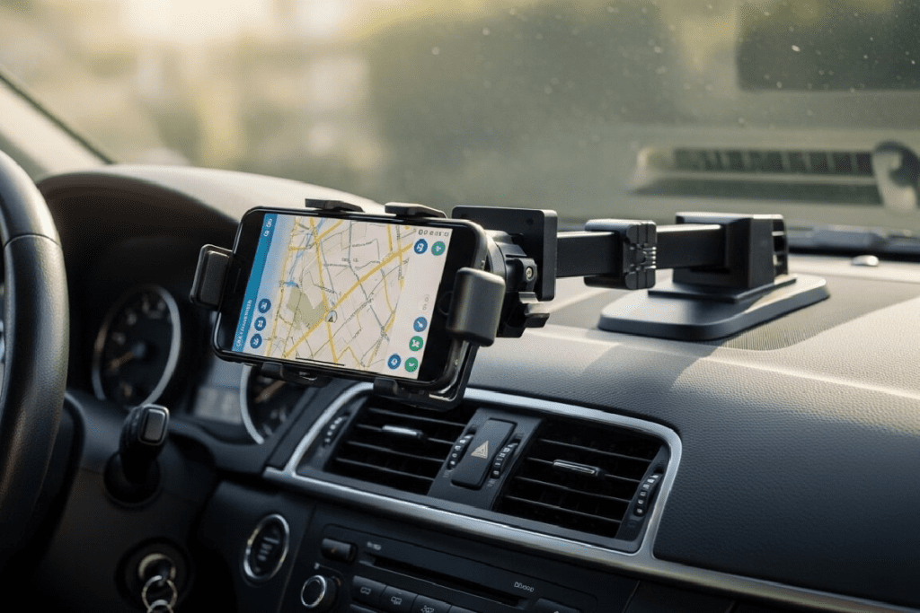 Car phone holder mounted on dashboard with GPS navigation running