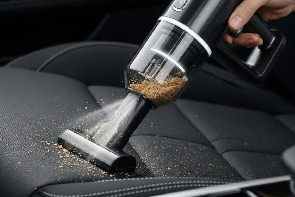 Portable vacuum cleaner cleaning car seats and interior in Pakistan