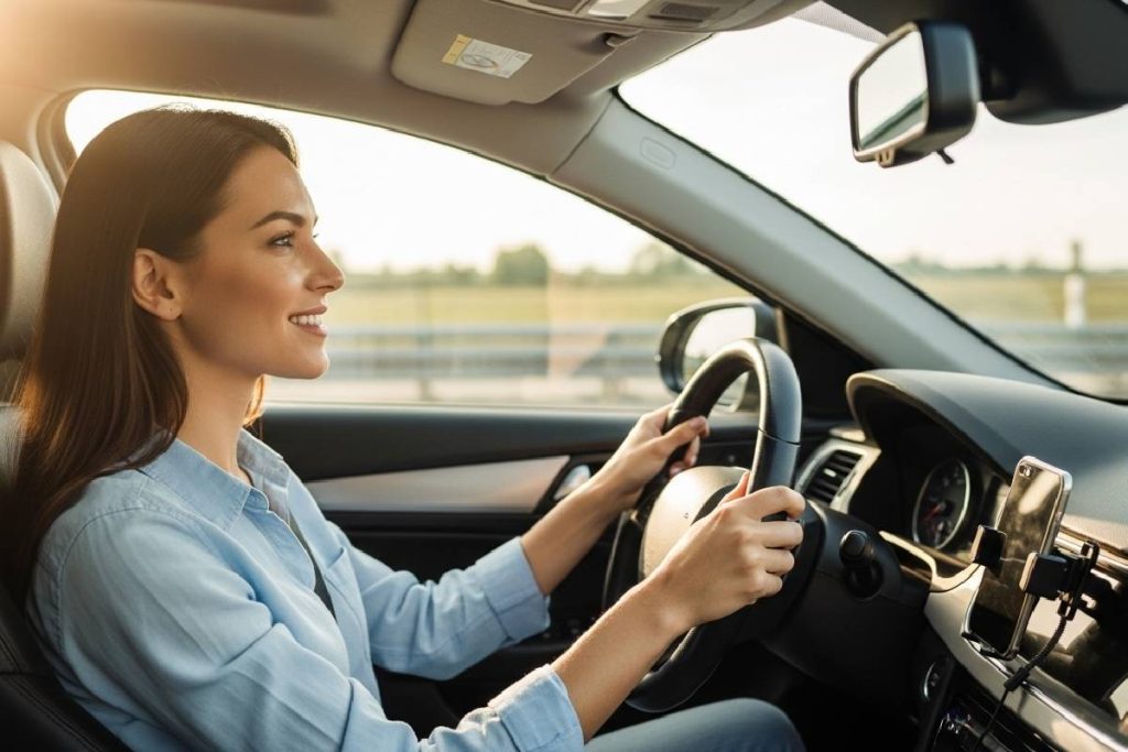 Safe driving with a smartphone neatly mounted on a magnetic holder inside a car.