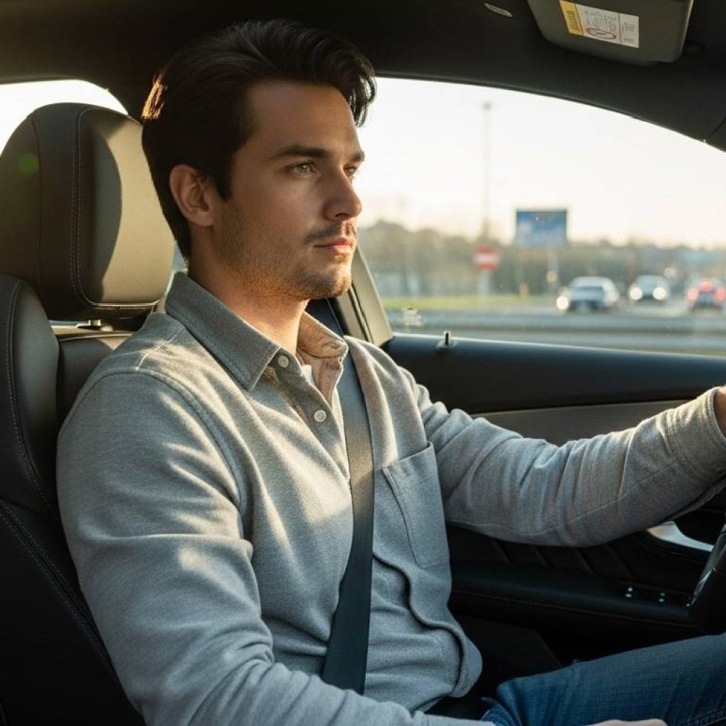 Driver wearing a seat belt for car safety