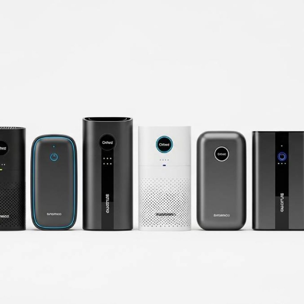 Collection of 10 different car air purifier models placed side by side, modern compact designs,