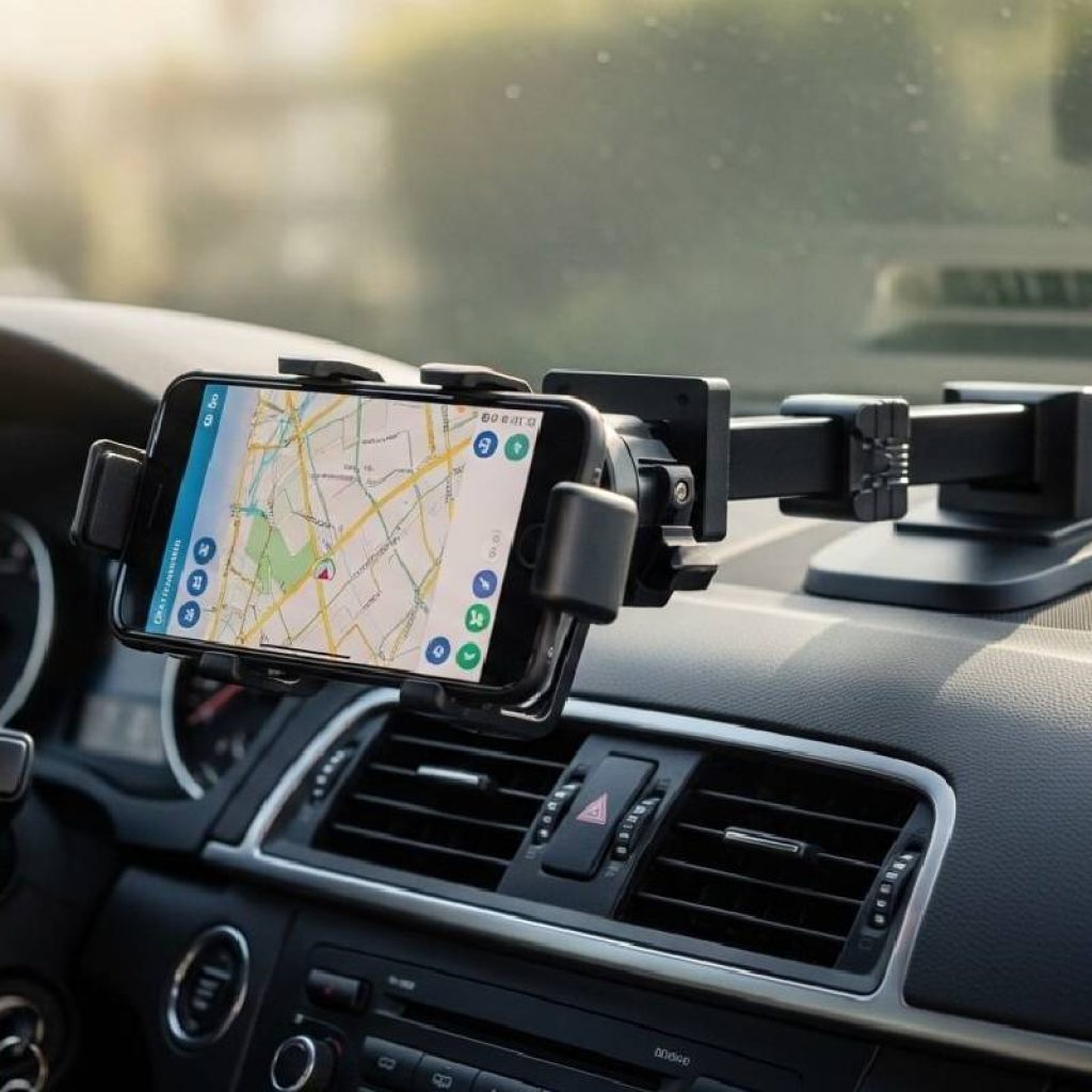 Safe driving with a smartphone neatly mounted on a magnetic holder inside a car.