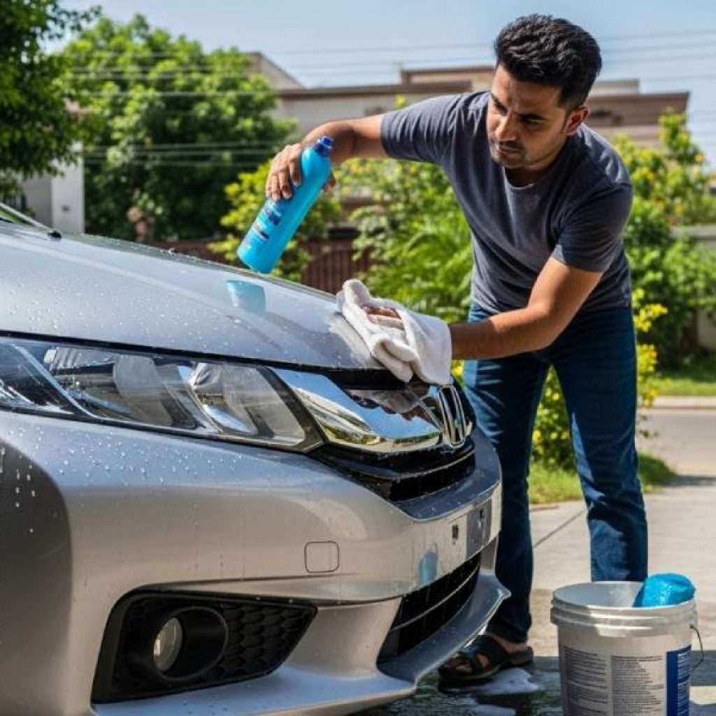 Best gari ki cheezain Pakistan car care kit in use on Honda City in Islamabad driveway