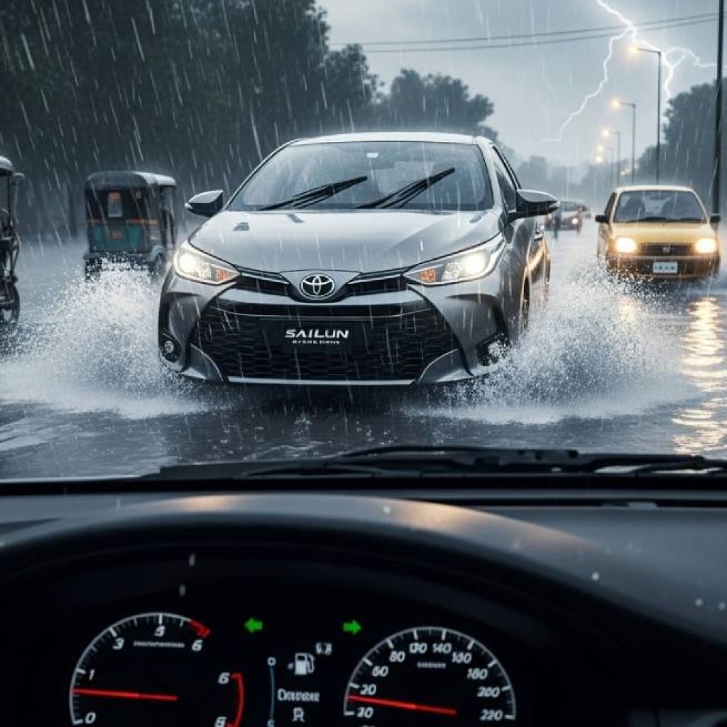 Best car tires Pakistan 2025 Sailun Atreides AP02 on Toyota Yaris in Karachi rain